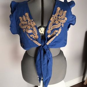 Blue embroidered tie crop top, size is a small 2X